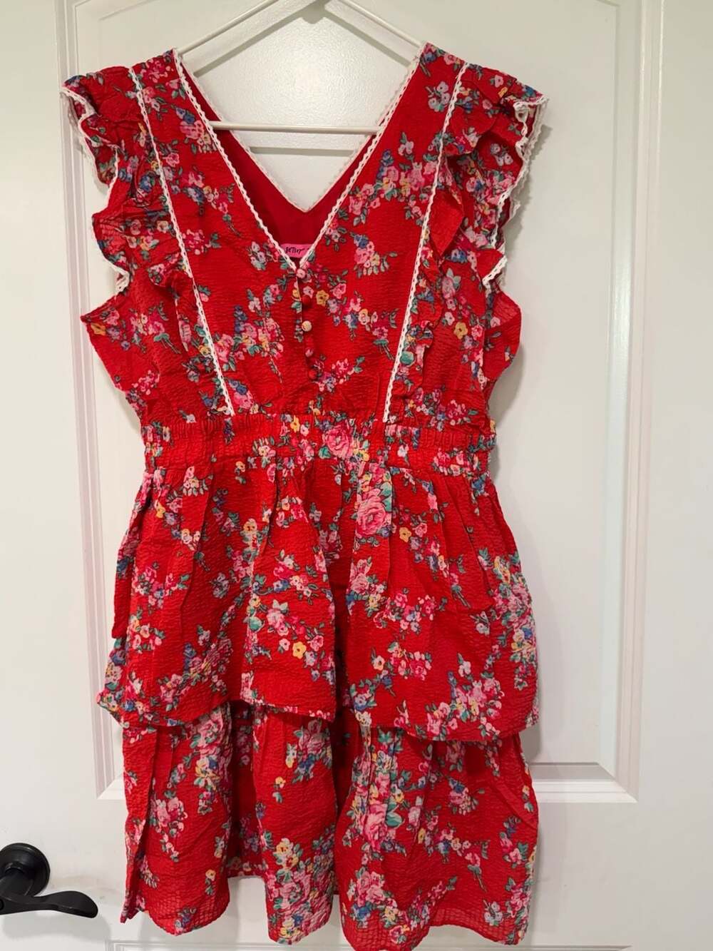 Betsey Johnson Red Floral Seersucker Ruffle Dress Coquette Cottagecore L